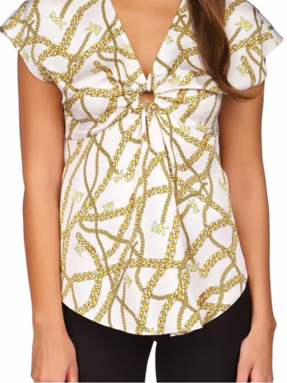 Michael Kors White Top with Gold Chain Print and Front Knot - Size L - Picture 4 of 5
